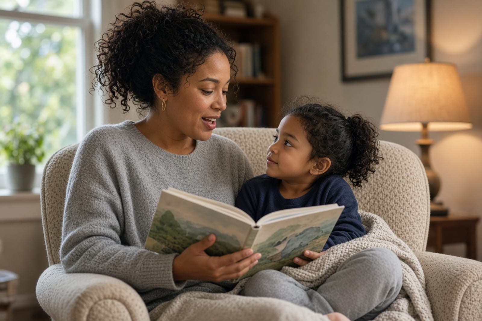 An adult reading a picture book aloud to a child in an armchair